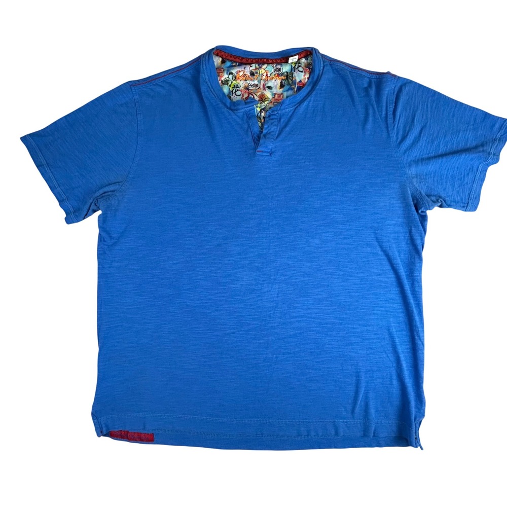 Robert Graham Mens Blue Slub Cotton Short Sleeve Henley Shirt Classic Fit Large
